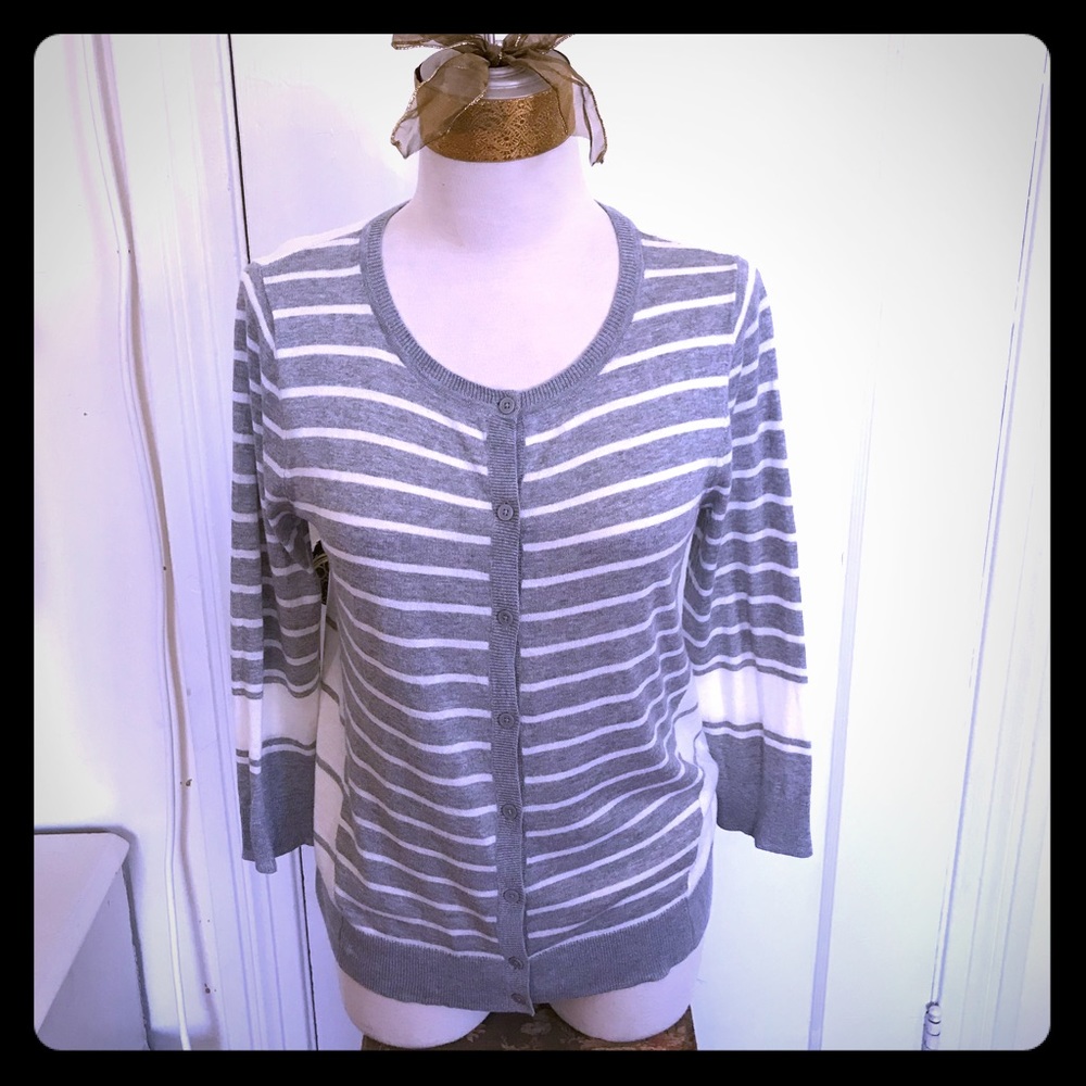 Gray & White Striped Cardigan
